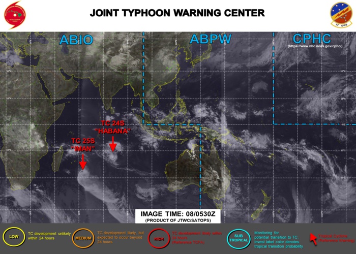 08/09UTC. JTWC IS ISSUING 12HOURLY WARNINGS ON 24S(HABANA). WARNING 3/FINAL WAS ISSUED ON 25S(IMAN). 3 HOURLY SATELLITE BULLETINS ARE ISSUED FOR BOTH SYSTEMS.
