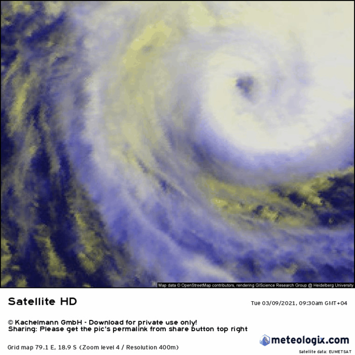 24S(HABANA). 09/09UTC. TC 24S HAS BEGUN TO REINTENSIFY AFTER A WEAKENING  PHASE ASSOCIATED WITH ITS SLOW FORWARD MOTION AND OCEANIC COOLING.  THE REINTENSIFICATION IS EVIDENT IN THE ANIMATED ENHANCED INFRARED  SATELLITE IMAGERY, WHICH SHOWS A COMPACT CORE SURROUNDING A 22  KM EYE. HERE IS A 3H30 MULTISPECTRAL IMAGERY LOOP. CLICK TO ANIMATE IF NECESSARY. 24S(HABANA). 09/09UTC. TC 24S HAS BEGUN TO REINTENSIFY AFTER A WEAKENING  PHASE ASSOCIATED WITH ITS SLOW FORWARD MOTION AND OCEANIC COOLING.  THE REINTENSIFICATION IS EVIDENT IN THE ANIMATED ENHANCED INFRARED  SATELLITE IMAGERY, WHICH SHOWS A COMPACT CORE SURROUNDING A 22  KM EYE. HERE IS A 3H30 MULTISPECTRAL IMAGERY LOOP. CLICK TO ANIMATE IF NECESSARY.