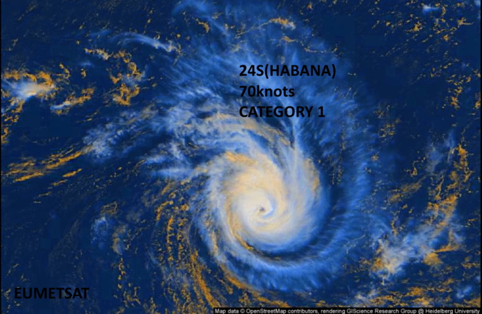 24S(HABANA). 09/0745UTC. THE SMALL EYE WAS WELL DEPICTED HAVING EMERGED SINCE 09/0645UTC. BUT THE EYE FEATURE IS STILL FLUCTUATING AND HAS BEEN LESS DEFINED UP TO 09/09UTC. NOTE THE OUTFLOW(CIRRUS). Eumetsat.PH.