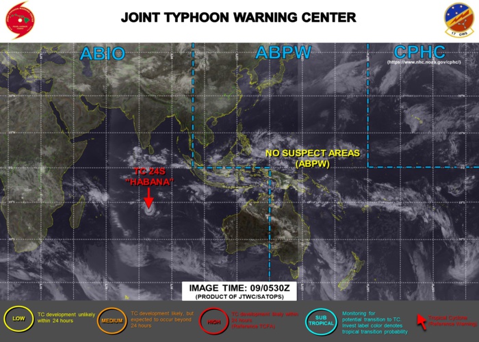 09/09UTC. JTWC IS ISSUING 12HOURLY WARNINGS ON 24S(HABANA) ALONG WITH 3HOURLY SATELLITE BULLETINS. 25S(IMAN) IS DISSIPATED AND WAS REMOVED FROM THE MAP WITH THE SATELLITE BULLETINS DISCONTINUED AT 09/0515UTC.