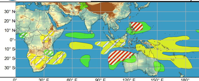 WEEK 1: As predicted in last week's outlook, two tropical cyclones developed over the South Indian Ocean during the past week. Cyclone Habana formed over the south-central Indian Ocean and strengthened to major hurricane intensity (125kt peak sustained winds) as it tracked generally eastward over the open ocean. Over the past few days, the cyclone has turned southward and westward, and forecasts from the JTWC show the system regaining major hurricane intensity as it tracks westward just south of its prior track. Ultimately the cyclone is forecast to recurve to the south well east of Mauritius and La Reunion. Tropical Storm Iman formed to the west of Cyclone Habana's location, and is currently weakening as it recurves southward. During Week-1, additional tropical cyclogenesis is possible over the eastern portion of the Indian Ocean basin, with two regions exhibiting a moderate potential for development. Formation northwest of Australia in the vicinity of 100-110E is possible, with dynamical model track forecasts bringing this potential system generally southward, with a potential for impacts to Western Australia. WEEK 1: As predicted in last week's outlook, two tropical cyclones developed over the South Indian Ocean during the past week. Cyclone Habana formed over the south-central Indian Ocean and strengthened to major hurricane intensity (125kt peak sustained winds) as it tracked generally eastward over the open ocean. Over the past few days, the cyclone has turned southward and westward, and forecasts from the JTWC show the system regaining major hurricane intensity as it tracks westward just south of its prior track. Ultimately the cyclone is forecast to recurve to the south well east of Mauritius and La Reunion. Tropical Storm Iman formed to the west of Cyclone Habana's location, and is currently weakening as it recurves southward. During Week-1, additional tropical cyclogenesis is possible over the eastern portion of the Indian Ocean basin, with two regions exhibiting a moderate potential for development. Formation northwest of Australia in the vicinity of 100-110E is possible, with dynamical model track forecasts bringing this potential system generally southward, with a potential for impacts to Western Australia.