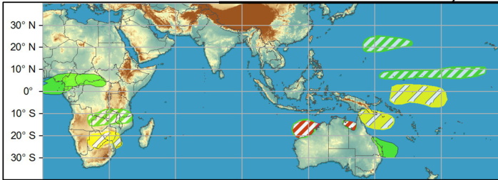 LATE WEEK1/WEEK 2: formation is possible during late Week-1 or Week-2 closer to the Kimberley Coast or the Gulf of Carpentaria. Elsewhere, a disturbance east of the Philippines has a moderate potential for formation before moving westward across the archipelago.