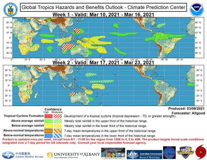 Precipitation forecasts are based on dynamical model consensus, with an anticipated strengthening of the MJO signal over the Western Hemisphere. More widespread suppressed rainfall is favored for the West Pacific due to a resurging La Nina response and the suppressed phase of a Rossby wave. In contrast, the MJO favors widespread rainfall across northern South America, with a potential for flooding and flood-related impacts across the higher elevations of northwestern South America. Additional heavy rainfall is also favored for Hawaii, which may exacerbate ongoing flooding across parts of Maui. Strong ridging over the eastern CONUS favors dry conditions across parts of the Southeast, which may promote expanding drought conditions across parts of southern Georgia or the Florida peninsula. During Week-2, the coverage of dynamical model consensus drops considerably. Additional heavy rainfall is possible across northwestern South America, while a remnant MJO circulation may promote above-average rainfall across parts of equatorial Africa. Dynamical models also favor heavy rainfall across southeastern Queensland. Precipitation forecasts are based on dynamical model consensus, with an anticipated strengthening of the MJO signal over the Western Hemisphere. More widespread suppressed rainfall is favored for the West Pacific due to a resurging La Nina response and the suppressed phase of a Rossby wave. In contrast, the MJO favors widespread rainfall across northern South America, with a potential for flooding and flood-related impacts across the higher elevations of northwestern South America. Additional heavy rainfall is also favored for Hawaii, which may exacerbate ongoing flooding across parts of Maui. Strong ridging over the eastern CONUS favors dry conditions across parts of the Southeast, which may promote expanding drought conditions across parts of southern Georgia or the Florida peninsula. During Week-2, the coverage of dynamical model consensus drops considerably. Additional heavy rainfall is possible across northwestern South America, while a remnant MJO circulation may promote above-average rainfall across parts of equatorial Africa. Dynamical models also favor heavy rainfall across southeastern Queensland.