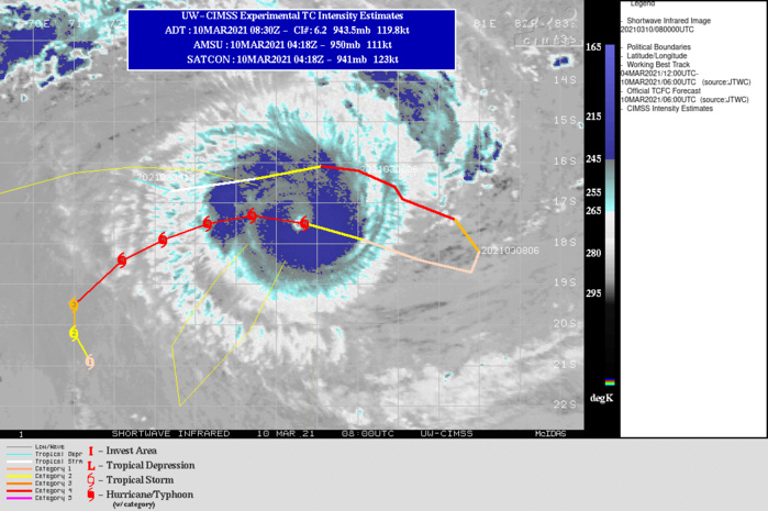 24S(HABANA). WARNING 13 ISSUED AT 10/09UTC.ENVIRONMENTAL CONDITIONS REMAIN FAVORABLE WITH LOW VERTICAL WIND SHEAR, ROBUST EQUATORWARD OUTFLOW AND WARM (28-29C) SST VALUES. TC 24S IS TRACKING WEST- NORTHWESTWARD ALONG THE NORTHERN PERIPHERY OF A SUBTROPICAL RIDGE (STR) POSITIONED TO THE SOUTH AND IS FORECAST TO CONTINUE TRACKING GENERALLY WESTWARD THROUGH 24H UNTIL THE STR WEAKENS AND SHIFTS EAST IN RESPONSE TO AN APPROACHING SHORTWAVE TROUGH. THIS WILL RESULT IN A WEST-SOUTHWESTWARD TO SOUTHWESTWARD TURN THROUGH 72H. AFTER 72H, TC HABANA WILL SLOW SIGNIFICANTLY AND DRIFT SOUTHWARD AS A BROAD STR BUILDS TO THE SOUTH, WHICH WILL LIMIT POLEWARD TRACK MOTION.OVERALL, ENVIRONMENTAL CONDITIONS SHOULD REMAIN FAVORABLE THROUGH 60H WITH GRADUAL WEAKENING AFTER 60H AS MID-LEVEL VWS INCREASES TO MODERATE LEVELS AND SST VALUES COOL SLIGHTLY TO 27C. 24S(HABANA). WARNING 13 ISSUED AT 10/09UTC.ENVIRONMENTAL CONDITIONS REMAIN FAVORABLE WITH LOW VERTICAL WIND SHEAR, ROBUST EQUATORWARD OUTFLOW AND WARM (28-29C) SST VALUES. TC 24S IS TRACKING WEST- NORTHWESTWARD ALONG THE NORTHERN PERIPHERY OF A SUBTROPICAL RIDGE (STR) POSITIONED TO THE SOUTH AND IS FORECAST TO CONTINUE TRACKING GENERALLY WESTWARD THROUGH 24H UNTIL THE STR WEAKENS AND SHIFTS EAST IN RESPONSE TO AN APPROACHING SHORTWAVE TROUGH. THIS WILL RESULT IN A WEST-SOUTHWESTWARD TO SOUTHWESTWARD TURN THROUGH 72H. AFTER 72H, TC HABANA WILL SLOW SIGNIFICANTLY AND DRIFT SOUTHWARD AS A BROAD STR BUILDS TO THE SOUTH, WHICH WILL LIMIT POLEWARD TRACK MOTION.OVERALL, ENVIRONMENTAL CONDITIONS SHOULD REMAIN FAVORABLE THROUGH 60H WITH GRADUAL WEAKENING AFTER 60H AS MID-LEVEL VWS INCREASES TO MODERATE LEVELS AND SST VALUES COOL SLIGHTLY TO 27C.