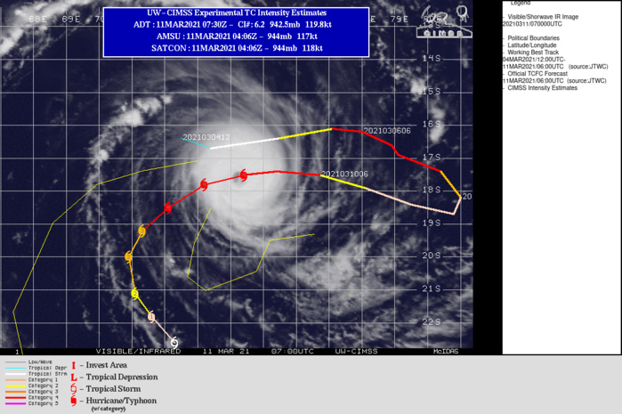 24S(HABANA). WARNING 15 ISSUED AT 11/09UTC. ANALYSIS INDICATES LOW (10-15KT) VERTICAL WIND SHEAR ALOFT AND WARM (28-29C) SEA SURFACE TEMPERATURES. HOWEVER, TOTAL PRECIPITABLE WATER ANIMATION ALSO INDICATES COLD DRY AIR HAS BEGUN TO INTRUDE TOWARD THE CENTER AND THE RADIAL UPPER LEVEL OUTFLOW HAS BEGUN TO DIMINISH, AS EVIDENCED IN A WATER VAPOR SATELLITE IMAGERY LOOP. THESE TWO DYNAMICS WILL MAINLY BE RESPONSIBLE FOR THE SLOW WEAKENING IN THE NEAR- TO MID- TERM PORTION OF THE FORECAST. TC 24S WILL TRACK WEST-SOUTHWESTWARD THEN SOUTHWESTWARD ALONG THE NORTHERN PERIPHERY OF THE SUBTROPICAL RIDGE (STR) TO THE SOUTH. AFTER 36H, AS THE STR RECEDES EASTWARD AND REORIENTS, THE CYCLONE WILL TRACK MORE SOUTHWARD THEN SOUTHEASTWARD. THE GRADUAL WEAKENING CAUSED BY COOL DRY AIR INTRUSION AND MINIMIZED UPPER LEVEL OUTFLOW WILL BECOME MORE RAPID AFTER 48H AS THE SYSTEM SLOWS DOWN SIGNIFICANTLY, CAUSING LOCALIZED UPWELLING RESULTING IN COOLER SSTS. BY 120H, TC HABANA WILL BE REDUCED TO 55KTS. 24S(HABANA). WARNING 15 ISSUED AT 11/09UTC. ANALYSIS INDICATES LOW (10-15KT) VERTICAL WIND SHEAR ALOFT AND WARM (28-29C) SEA SURFACE TEMPERATURES. HOWEVER, TOTAL PRECIPITABLE WATER ANIMATION ALSO INDICATES COLD DRY AIR HAS BEGUN TO INTRUDE TOWARD THE CENTER AND THE RADIAL UPPER LEVEL OUTFLOW HAS BEGUN TO DIMINISH, AS EVIDENCED IN A WATER VAPOR SATELLITE IMAGERY LOOP. THESE TWO DYNAMICS WILL MAINLY BE RESPONSIBLE FOR THE SLOW WEAKENING IN THE NEAR- TO MID- TERM PORTION OF THE FORECAST. TC 24S WILL TRACK WEST-SOUTHWESTWARD THEN SOUTHWESTWARD ALONG THE NORTHERN PERIPHERY OF THE SUBTROPICAL RIDGE (STR) TO THE SOUTH. AFTER 36H, AS THE STR RECEDES EASTWARD AND REORIENTS, THE CYCLONE WILL TRACK MORE SOUTHWARD THEN SOUTHEASTWARD. THE GRADUAL WEAKENING CAUSED BY COOL DRY AIR INTRUSION AND MINIMIZED UPPER LEVEL OUTFLOW WILL BECOME MORE RAPID AFTER 48H AS THE SYSTEM SLOWS DOWN SIGNIFICANTLY, CAUSING LOCALIZED UPWELLING RESULTING IN COOLER SSTS. BY 120H, TC HABANA WILL BE REDUCED TO 55KTS.