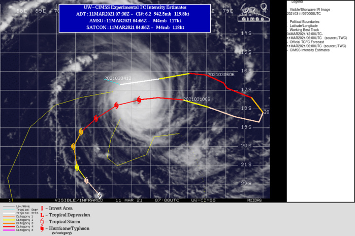 24S(HABANA). WARNING 15 ISSUED AT 11/09UTC. ANALYSIS INDICATES LOW (10-15KT) VERTICAL WIND SHEAR ALOFT AND WARM (28-29C) SEA SURFACE  TEMPERATURES. HOWEVER, TOTAL PRECIPITABLE WATER ANIMATION ALSO  INDICATES COLD DRY AIR HAS BEGUN TO INTRUDE TOWARD THE CENTER AND  THE RADIAL UPPER LEVEL OUTFLOW HAS BEGUN TO DIMINISH, AS EVIDENCED  IN A WATER VAPOR SATELLITE IMAGERY LOOP. THESE TWO DYNAMICS WILL  MAINLY BE RESPONSIBLE FOR THE SLOW WEAKENING IN THE NEAR- TO MID- TERM PORTION OF THE FORECAST. TC 24S WILL TRACK WEST-SOUTHWESTWARD  THEN SOUTHWESTWARD ALONG THE NORTHERN PERIPHERY OF THE SUBTROPICAL  RIDGE (STR) TO THE SOUTH. AFTER 36H, AS THE STR RECEDES EASTWARD  AND REORIENTS, THE CYCLONE WILL TRACK MORE SOUTHWARD THEN  SOUTHEASTWARD. THE GRADUAL WEAKENING CAUSED BY COOL DRY AIR  INTRUSION AND MINIMIZED UPPER LEVEL OUTFLOW WILL BECOME MORE RAPID  AFTER 48H AS THE SYSTEM SLOWS DOWN SIGNIFICANTLY, CAUSING  LOCALIZED UPWELLING RESULTING IN COOLER SSTS. BY 120H, TC HABANA  WILL BE REDUCED TO 55KTS.