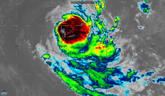 24S(HABANA). 13/13UTC. 9H ANIMATION. ANIMATED ENHANCED INFRARED IMAGERY SHOWS A MUCH WEAKENED CYCLONE FROM 24H AGO( DOWN FROM 115KNOTS TO 80KNOTS). DRY AIR APPEARS TO BE IMPINGING ON THE WESTERN QUADRANT OF THE CIRCULATION. 24S(HABANA). 13/13UTC. 9H ANIMATION. ANIMATED ENHANCED INFRARED IMAGERY SHOWS A MUCH WEAKENED CYCLONE FROM 24H AGO( DOWN FROM 115KNOTS TO 80KNOTS). DRY AIR APPEARS TO BE IMPINGING ON THE WESTERN QUADRANT OF THE CIRCULATION.