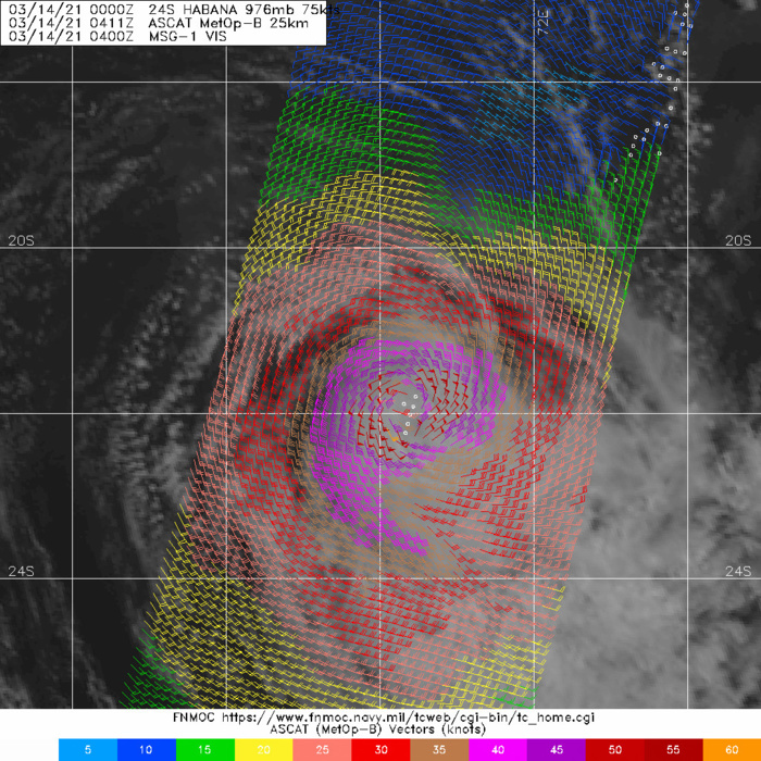 24S(HABANA). 14/0411UTC. ASCAT BULLSEYE IMAGE SUPPORTS THE INITIAL POSITION WITH FAIR CONFIDENCE AND INDICATES 50-55 KNOT MAXIMUM WINDS AND A SHRINKING GALE-FORCE WIND FIELD OVER THE NORTHERN SEMICIRCLE. 24S(HABANA). 14/0411UTC. ASCAT BULLSEYE IMAGE SUPPORTS THE INITIAL POSITION WITH FAIR CONFIDENCE AND INDICATES 50-55 KNOT MAXIMUM WINDS AND A SHRINKING GALE-FORCE WIND FIELD OVER THE NORTHERN SEMICIRCLE.