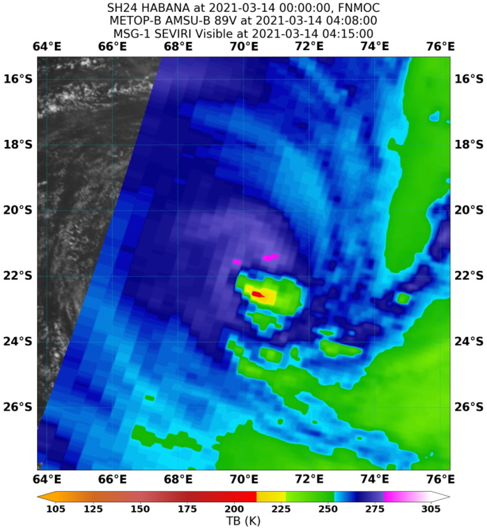 24S(HABANA). 14/0408UTC. MICROWAVE  IMAGE REVEALS AN EXPOSED LOW-LEVEL CIRCULATION WITH LIMITED  CONVECTIVE BANDING OVER THE SOUTH TO SOUTHEAST QUADRANTS, WHICH  REFLECTS THE RAPID DECAY OF THE CORE CONVECTION OVER THE PAST 12  HOURS.