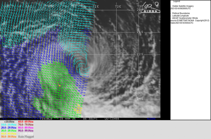 24S(HABANA). 16/0355UTC. ASCAT-A DEPICTED STRONG WINDS REMOVED TO THE SOUTHWEST OF THE CENTER DUE TO THE GRADIENT EFFECT WITH THE SUBTROPICAL RIDGE TO THE SOUTH. THE NORTHERN QUADRANT IS MUCH WEAKER. JTWC ASSESES 24S AS SUBTROPICAL.