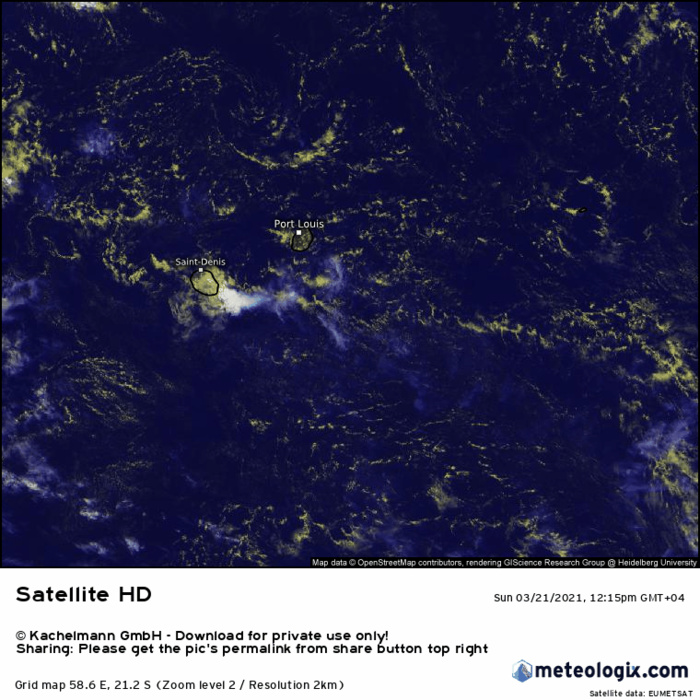 14h15. L'animation satellite montre que la masse d'air reste relativement humide dans les basses couches de l'atmosphère au niveau de la zone des ILES SOEURS. On doit encore s'attendre à des épisodes pluvieux la nuit prochaine et en début de matinée de Lundi sur les moitiés orientales de MAURICE et de la RÉUNION. Le Plateau Central à Maurice reste exposé. WUS/Eumetsat. 14h15. L'animation satellite montre que la masse d'air reste relativement humide dans les basses couches de l'atmosphère au niveau de la zone des ILES SOEURS. On doit encore s'attendre à des épisodes pluvieux la nuit prochaine et en début de matinée de Lundi sur les moitiés orientales de MAURICE et de la RÉUNION. Le Plateau Central à Maurice reste exposé. WUS/Eumetsat.