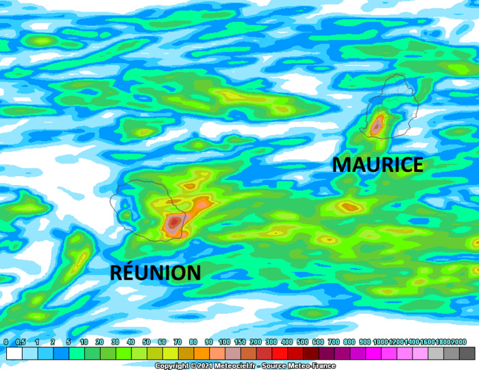 Modèle Arome de Météo France. Accumulation des précipitations simulées par le modèle entre Dimanche 4heures et Lundi 22heures. MCIEL.