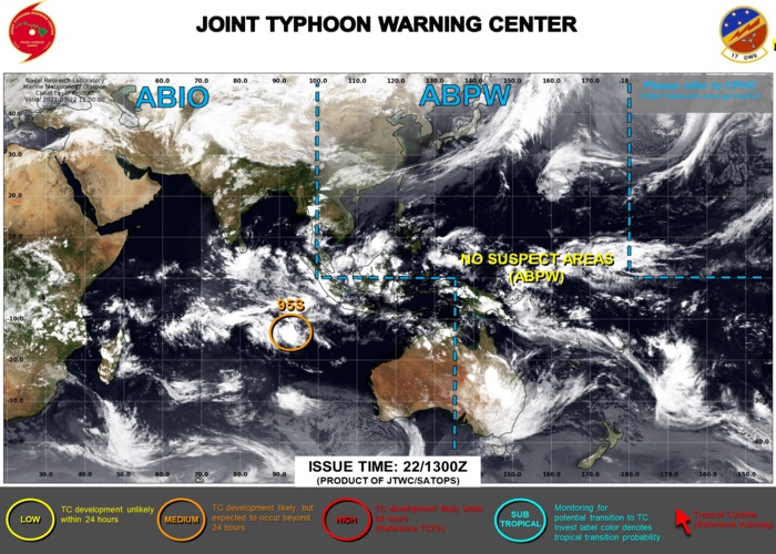 22/13UTC. INVEST 95S IS NOW ASSESSED AS HAVING MEDIUM CHANCES OF REACHING 35KNOTS WITHIN THE NEXT 24HOURS. JTWC IS ISSUING 3HOURLY SATELLITE BULLETINS ON THE SYSTEM.