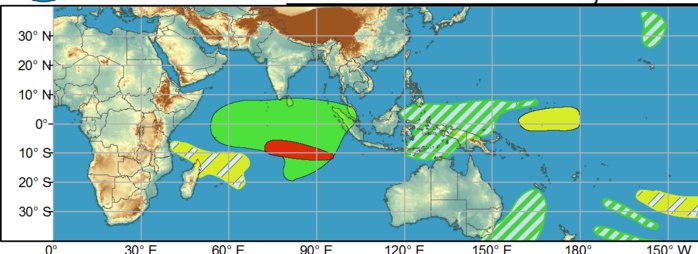 WEEK 1: 24/03 TO 30/03. No tropical cyclones (TCs) have formed globally over the past week. The Joint Typhoon Warning Center is currently monitoring a region of convection located near 13S/92E, with an associated forecast of a medium probability of tropical cyclogenesis occurring prior to the forecast period. In the event this system does not form prior to the outlook, high confidence exists for its development during Week-1. WEEK 1: 24/03 TO 30/03. No tropical cyclones (TCs) have formed globally over the past week. The Joint Typhoon Warning Center is currently monitoring a region of convection located near 13S/92E, with an associated forecast of a medium probability of tropical cyclogenesis occurring prior to the forecast period. In the event this system does not form prior to the outlook, high confidence exists for its development during Week-1.