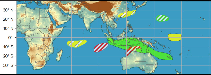 WEEK 2: 31/03 TO 06/04. During Week-2 equatorial Rossby wave activity supports moderate confidence of TC formation over a similar portion of the southeastern Indian Ocean and also off the northern coast of Australia. Lower confidence exists for a "twin" of the latter possible TC developing over the eastern Bay of Bengal during Week-2, but is supported by some GEFS members and likely Rossby wave activity. All of the aforementioned regions are historically supported by an active MJO transiting from the Indian Ocean to West Pacific during the period. WEEK 2: 31/03 TO 06/04. During Week-2 equatorial Rossby wave activity supports moderate confidence of TC formation over a similar portion of the southeastern Indian Ocean and also off the northern coast of Australia. Lower confidence exists for a "twin" of the latter possible TC developing over the eastern Bay of Bengal during Week-2, but is supported by some GEFS members and likely Rossby wave activity. All of the aforementioned regions are historically supported by an active MJO transiting from the Indian Ocean to West Pacific during the period.