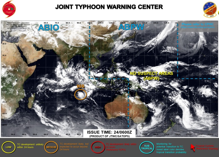 24/06UTC. INVEST 95S IS STILL CURRENTLY ASSESSED AS HAVING MEDIUM CHANCES OF REACHING 35KNOTS WITHIN THE NEXT 24H. JTWC HAS BEEN ISSUING 3HOURLY SATELLITE BULLETINS ON THIS SYSTEM. 24/06UTC. INVEST 95S IS STILL CURRENTLY ASSESSED AS HAVING MEDIUM CHANCES OF REACHING 35KNOTS WITHIN THE NEXT 24H. JTWC HAS BEEN ISSUING 3HOURLY SATELLITE BULLETINS ON THIS SYSTEM.