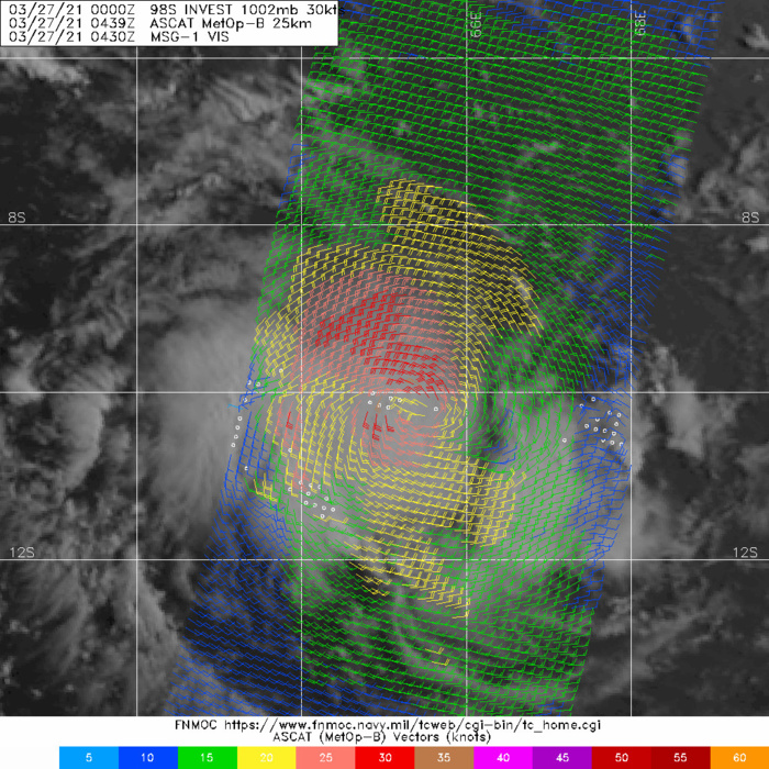 INVEST 98S. 27/0439UTC. ASCAT-B READ 30KNOT WINDS.