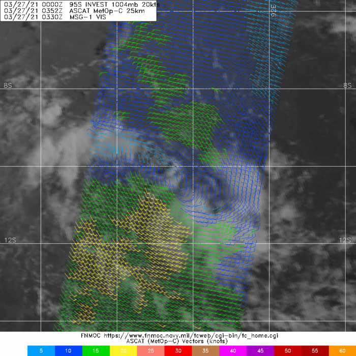 INVEST 95S. 27/0352UTC. ASCAT-C DEPICTED AN ELONGATED AND WEAK CIRCULATION.