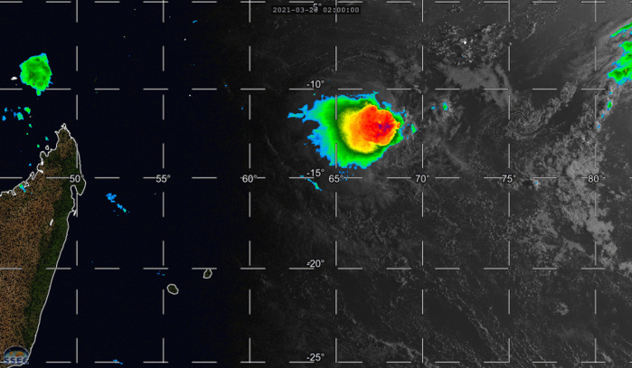 INVEST 98S. 28/08UTC. 6H LOOP. ANIMATED MULTISPECTRAL SATELLITE IMAGERY SHOWS THAT A WELL-DEFINED LOW-LEVEL CIRCULATION  REMAINS CENTERED NEAR THE NORTHEASTERN EDGE OF A RAGGED AREA OF DEEP  CONVECTION, WHICH HAS PULSED IN DISORGANIZED FASHION DURING THE PAST  24 HOURS, AND HAS DEGRADED IN PRESENTATION. IF NEEDED CLICK TO ANIMATE.