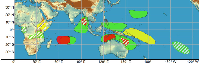 WEEK 1: 31/03 to 06/04. A convectively coupled Kelvin wave is forecast to pass through the MJO and the superposition of these waves will result in enhanced probabilities of tropical cyclone formation over the Indian Ocean during Week-1. There is evidence that La Nina is weakening, which is likely to be enhanced, at least temporarily, by the passage of the MJO over the Western and Central Pacific during the next two weeks.  There are several areas of possible tropical cyclone (TC) formation during Weeks-1 and 2. Due to the aforementioned superposition of the MJO and Kelvin wave, there is a high risk of TC development over the western Indian Ocean and a moderate risk for TC development in the Bay of Bengal during Week-1.