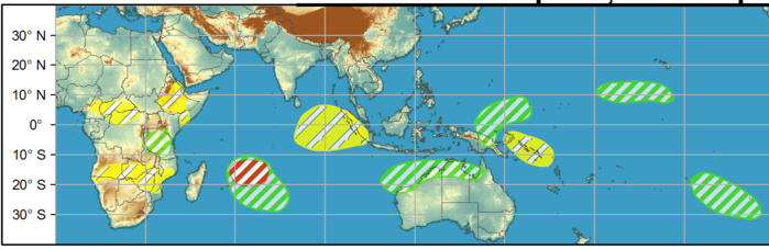 WEEK 2: 07/04 to 13/04.  A moderate risk over the western Indian Ocean continues into Week-2. There is also an MJO and Kelvin wave related risk of TC development during Week-1 along the coast of Northern Australia. Dynamical models suggest a high risk of TC formation along the Kimberley Coast and a moderate risk of TC formation further east. WEEK 2: 07/04 to 13/04.  A moderate risk over the western Indian Ocean continues into Week-2. There is also an MJO and Kelvin wave related risk of TC development during Week-1 along the coast of Northern Australia. Dynamical models suggest a high risk of TC formation along the Kimberley Coast and a moderate risk of TC formation further east.
