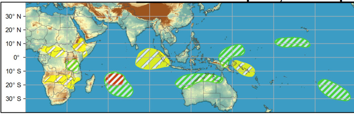 WEEK 2: 07/04 to 13/04.  A moderate risk over the western Indian Ocean continues into Week-2. There is also an MJO and Kelvin wave related risk of TC development during Week-1 along the coast of Northern Australia. Dynamical models suggest a high risk of TC formation along the Kimberley Coast and a moderate risk of TC formation further east.