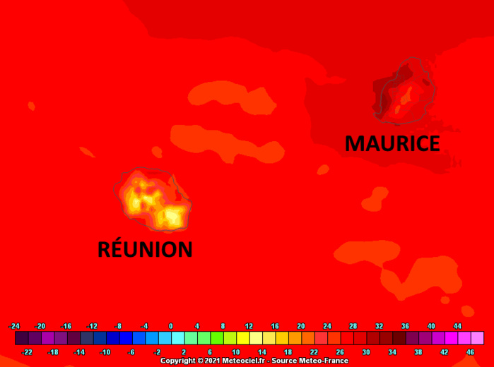 Vendredi les maximales sont dans l'ensemble supérieures aux normales sur le littoral mauricien. On "respire" sensiblement mieux à la RÉUNION. Arome. MFRANCE. MCIEL.