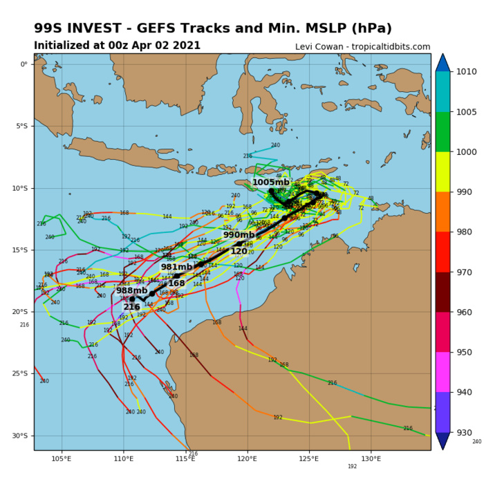 INVEST 99S. 99S IS EMBEDDED IN A FAVORABLE ENVIRONMENT WITH LIGHT  NORTHERLY VERTICAL SHEAR OF 10 KTS, WARM SEA SURFACE TEMPERATURES OF  30C, AND DEEP-LAYER MOISTURE. DYNAMICAL MODELS SUPPORT CONTINUED  CONSOLIDATION OF THE BROAD CIRCULATION INTO A TROPICAL CYCLONE SOUTH  OF TIMOR-LESTE IN 24-48 HOURS.