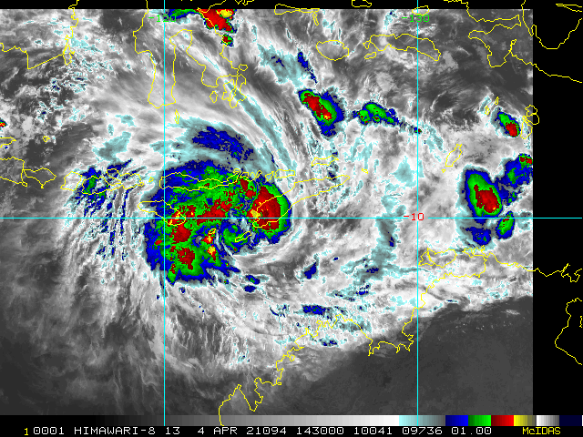 TC 26S. 04/1430UTC. ANIMATED ENHANCED INFRARED SATELLITE IMAGERY SHOWS A BROAD SYSTEM CONSOLIDATING WITH  FORMATIVE BANDS WRAPPING TIGHTER INTO A LOW LEVEL CIRCULATION CENTER  OVER THE SAVU SEA.