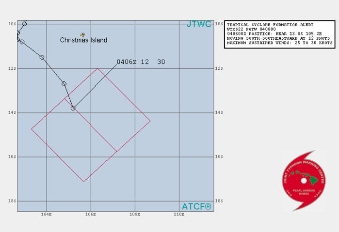 INVEST 90S. TROPICAL CYCLONE FORMATION ALERT ISSUED AT 04/08UTC. HIGH CHANCES OF HAVING SUSTAINED WINDS REACHING 35KNOTS CLOSE TO THE CENTER WITHIN 24HOURS.