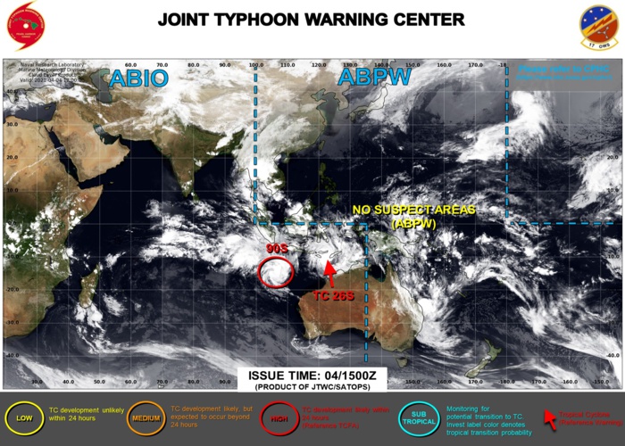 04/15UTC. INVEST 99S IS NOW TC 26S WITH 35KNOT WINDS. INVEST 90S WAS UP-GRADED TO HIGH AT 04/08UTC. JTWC IS ISSUING 6 HOURLY WARNINGS ON 26S AND 3HOURLY SATELLITE BULLETINS ON BOTH SYSTEMS.