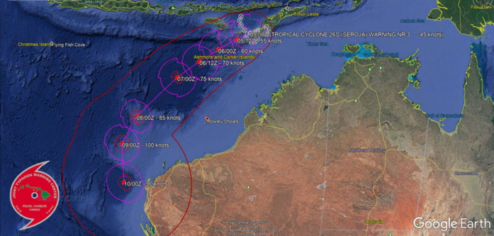 TC 26S(SEROJA). WARNING 3 ISSUED AT 05/03UTC.TC 26S IS IN A FAVORABLE ENVIRONMENT WITH GOOD RADIAL  OUTFLOW AND LOW TO MODERATE (10-15KT) VERTICAL WIND SHEAR(VWS) ALOFT, AND WARM (29C) SEA SURFACE TEMPERATURE (SST) IN THE SUVA SEA.  THE CYCLONE IS QUASI STATIONARY IN A COL TOWARD THE CENTER OF A NEAR EQUATORIAL  RIDGE (NER) TO THE NORTHWEST, A NER TO THE NORTHEAST, AND A  SUBTROPICAL RIDGE (STR) TO THE SOUTH. THE STR IS EXPECTED TO BUILD,  REORIENT TO THE SOUTHEAST AND SLOWLY DRIVE TC 26S SOUTHWESTWARD. THE  FAVORABLE CONDITIONS ARE EXPECTED TO PERSIST ALONG THE FORECAST TRACK  AND PROMOTE STEADY INTENSIFICATION TO A PEAK OF 100KNOTS/US CAT 3 BY 96H.  AFTERWARD, INCREASING VWS AND COOLING SST WILL WEAKEN THE SYSTEM DOWN  TO 90KNOTS/CAT2 BY 120H AS THE CYCLONE TRACKS MORE SOUTHWARD IN RESPONSE  TO THE STEERING STR WEAKENING AND RECEDING EASTWARD.