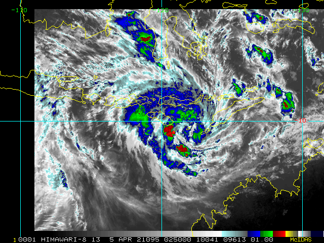 26S(SEROJA). 05/0250UTC. ANIMATED MULTISPECTRAL SATELLITE IMAGERY SHOWS A CONSOLIDATING SYSTEM EVEN AS  RAIN BANDS REMAIN FRAGMENTED AND WITH MINIMAL SEGMENTS OF DEEP  CONVECTION. THE CYCLONE REMAINS QUASI-STATIONARY IN THE SUVA SEA  JUST SOUTHWEST OF TIMOR.