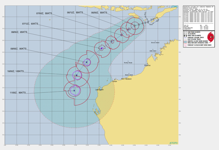 26S(SEROJA). WARNING 7 ISSUED AT 06/03UTC.UPPER-LEVEL ANALYSIS REVEALS A MARGINALLY-FAVORABLE ENVIRONMENT WITH MODERATE (15-20 KNOTS) VERTICAL WIND SHEAR OFFSET BY DIFFLUENT FLOW ALOFT. TC 26S IS FORECAST TO TRACK ALONG THE NORTHWEST PERIPHERY OF THE SUBTROPICAL RIDGE POSITIONED OVER WESTERN AUSTRALIA THROUGH 72H THEN TURN POLEWARD THROUGH 120H AS A DEEP MIDLATITUDE TROUGH APPROACHES AUSTRALIA.TC 26S IS FORECAST TO INTENSIFY STEADILY THROUGH THE FORECAST PERIOD TO A PEAK INTENSITY OF 105 KNOTS/US CAT 3 BY 96H WITH GRADUAL WEAKENING ANTICIPATED BY 120H.