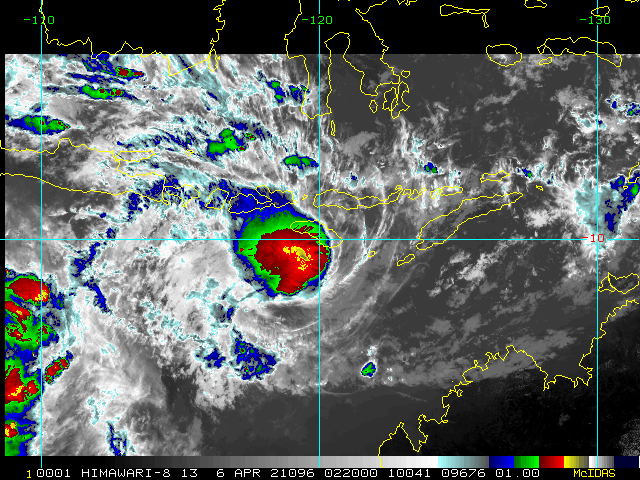 26S(SEROJA). 06/0220UTC. ANIMATED ENHANCED INFRARED SATELLITE IMAGERY DEPICTS A DEVELOPING CENTRAL DENSE OVERCAST OBSCURING THE LOW-LEVEL CIRCULATION CENTER (LLCC).