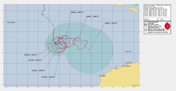 27S. WARNING 5 ISSUED AT 06/03UTC. UPPER-LEVEL ANALYSIS INDICATES A MARGINAL ENVIRONMENT WITH MODERATE NORTHEASTERLY VERTICAL WIND SHEAR OFFSET SLIGHTLY BY ENHANCED POLEWARD OUTFLOW. HOWEVER, ANIMATED WATER VAPOR IMAGERY INDICATES PULSES OF OUTFLOW FROM TC 26S IMPINGING ON THE NORTHWEST PERIPHERY OF THE SYSTEM. THE FORECAST PHILOSOPHY HAS BEEN REVISED SIGNIFICANTLY BASED ON THE LIKELY BINARY INTERACTION SCENARIO WITH THE LARGER, MORE DOMINANT TC 26S. TC 27S IS FORECAST TO DRIFT SLOWLY EASTWARD TO NORTHEASTWARD UNDER THE LOW-LEVEL NEAR- EQUATORIAL RIDGE TO THE NORTH THROUGH 36H. BY 48H,  TC 27S IS EXPECTED TO APPROACH WITHIN 780KM OF TC 26S, WHICH  WILL BECOME THE DOMINANT STEERING INFLUENCE THROUGH THE  REMAINDER OF THE FORECAST PERIOD. SPECIFICALLY, TC 27S WILL TURN EASTWARD THEN SOUTHEASTWARD AS IT ACCELERATES AROUND THE NORTHERN PERIPHERY OF TC 26S. THE SYSTEM WILL PEAK OPTIMISTICALLY AT 50 KNOTS BY 36H BUT WILL RAPIDLY DISSIPATE AFTER 48H AS IT BECOMES ABSORBED IN THE OUTER PERIPHERY OF TC 26S.