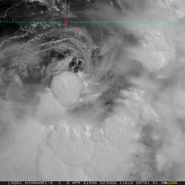 27S. 06/0230UTC. ANIMATED MULTISPECTRAL SATELLITE IMAGERY DEPICTS A WELL- DEFINED LOW-LEVEL CIRCULATION CENTER, WHICH SUPPORTS THE INITIAL POSITION WITH GOOD CONFIDENCE, WITH LIMITED BANDING OVER THE SOUTHERN SEMICIRCLE.