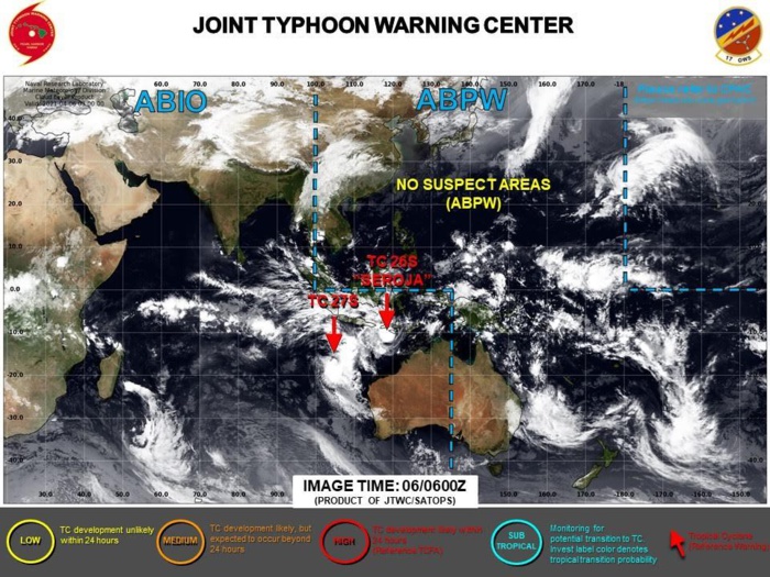 06/03UTC. JTWC IS ISSUING 6HOURLY WARNINGS ON 26S(SEROJA) AND 27S. 3HOURLY SATELLITE BULLETINS ARE ISSUED FOR BOTH SYSTEMS. 06/03UTC. JTWC IS ISSUING 6HOURLY WARNINGS ON 26S(SEROJA) AND 27S. 3HOURLY SATELLITE BULLETINS ARE ISSUED FOR BOTH SYSTEMS.