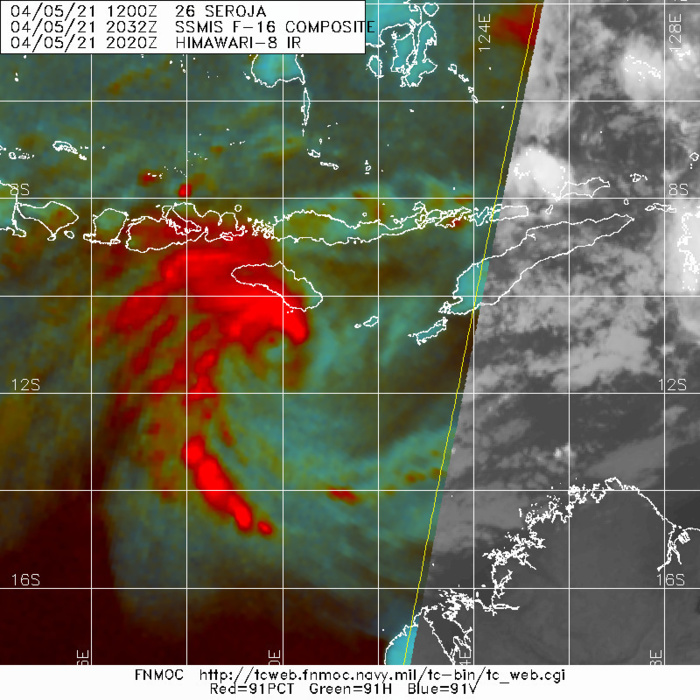 26(SEROJA). 05/2032UTC. SSMIS 91GHZ COLOR COMPOSITE IMAGE SHOWS A PARTIALLY-EXPOSED LLCC WITH THE UPPER-LEVEL CIRCULATION CENTER (MICROWAVE EYE FEATURE) TILTED TO THE WEST DUE TO EASTERLY VERTICAL WIND SHEAR.