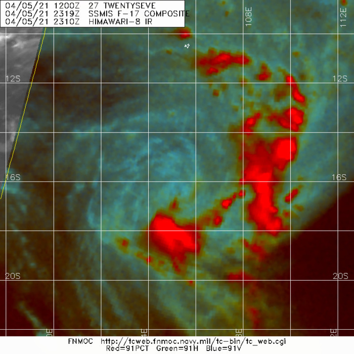 27S. 05/2319UTC. SSMIS 91GHZ IMAGE REVEALS SHALLOW BANDING WRAPPING INTO THE EXPOSED CENTER WITH FRAGMENTED BANDING OVER THE EASTERN AND SOUTHERN SEMICIRCLES.