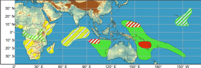 WEEK 1. 7 to 13 April. A couple of tropical cyclones (TCs) developed over the South Indian Ocean at the beginning of April and the MJO likely contributed to the genesis of these TCs. Tropical Cyclone 27S (centered at 16.2S/105.8E on Apr 7) is forecast to remain nearly stationary during the next 72 hours and then dissipate. The Joint Typhoon Warning Center calls for Tropical Cyclone Seroja, at 11.5S/118.9E, to strengthen with maximum sustained winds reaching 105 knots as it tracks southwest and parallels the Kimberley Coast of Australia. Later in week-1, TC Seroja could make landfall in Western Australia. Just to the west of these ongoing TCs, deterministic model runs continue to indicate that another TC may form early in week-1. Based on a favorable large-scale environment with the enhanced phase of the MJO crossing the West Pacific and support from model guidance, a high confidence or TC development exists over the Coral Sea during week-1.