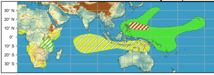 WEEK 2. 14 to 20 April. An elevated chance of TC development also is forecast across the West Pacific. Due to uncertainty on timing, a moderate confidence area covers weeks 1 and 2. WEEK 2. 14 to 20 April. An elevated chance of TC development also is forecast across the West Pacific. Due to uncertainty on timing, a moderate confidence area covers weeks 1 and 2.