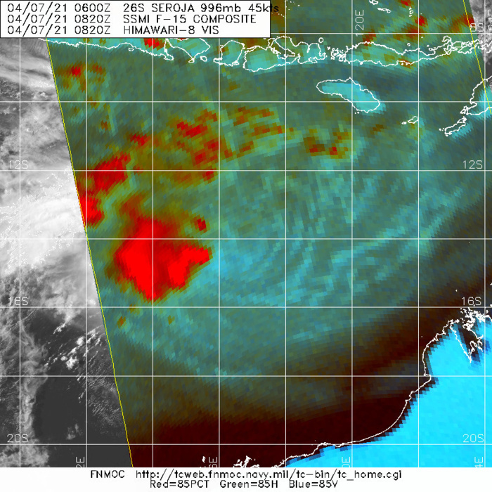 26S(SEROJA). 07/0820UTC. MICROWAVE IMAGE SHOWED THE LOWER LEVEL CLOUD BANDS WRAPPING  INTO A WELL DEFINED LLCC TO GOOD EFFECT AND LENT HIGH CONFIDENCE TO  THE INITIAL POSITION.