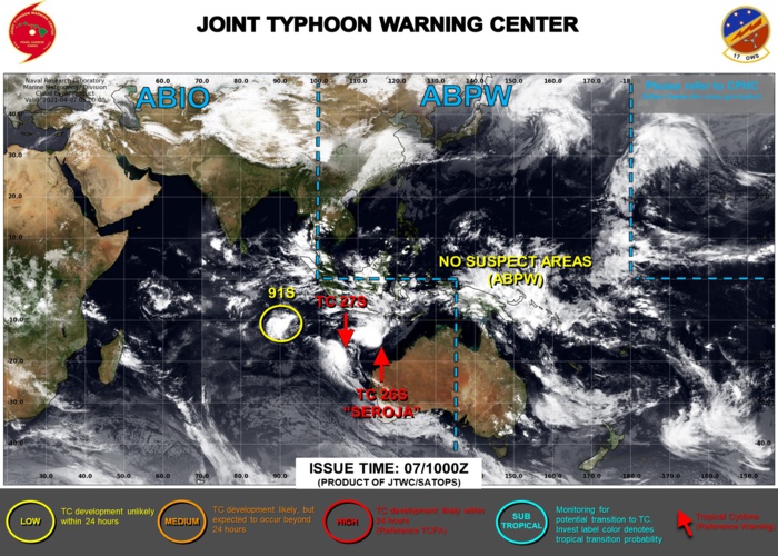 07/10UTC. JTWC IS ISSUING 6HOURLY WARNINGS ON 26S(SEROJA) AND 27S. 3HOURLY SATELLITE BULLETINS ARE ISSUED FOR BOTH SYSTEMS. INVEST 91S IS NOW ON THE MAP WITH CURRENTLY LOW CHANCES OF REACHING 35KNOTS WITHIN 24HOURS.