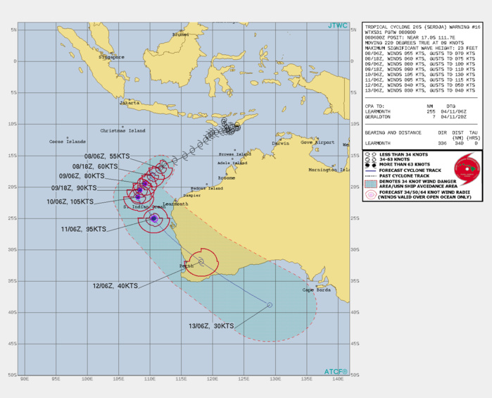 26S(SEROJA). WARNING 16 ISSUED AT 08/09UTC. ANALYSIS INDICATES A MARGINALLY FAVORABLE ENVIRONMENT WITH VERY WARM  (30-31C) SEA SURFACE TEMPERATURE (SST) AND FAIR EASTERLY OUTFLOW  ALOFT SLIGHTLY OFFSET BY 15-20KTS OF EASTERLY VERTICAL WIND SHEAR.  TC 26S IS EXPECTED TO TRACK MORE SOUTHWESTWARD ALONG THE NORTHWEST  PERIPHERY OF THE DEEP-LAYERED SUBTROPICAL RIDGE (STR) ANCHORED OVER  WESTERN AUSTRALIA. AFTER 12H AND UP TO 24H, THE CYCLONE MAY  UNDERGO A SLIGHT PULL TO THE RIGHT WITH MINOR WOBBLING AS A RESULT  OF BINARY INTERACTION WITH TC 27S THAT WILL APPROACH TC 26S WITHIN  425KM. AFTER 36H, A MID-LATITUDE SHORTWAVE TROUGH APPROACHING  FROM THE SOUTHWEST WILL WEAKEN THE STR CAUSING THE TC TO BEGIN  ROUNDING THE STR AXIS AND TO TRACK MORE SOUTHWARD BEFORE  ACCELERATING SOUTHEASTWARD TOWARD THE GREAT AUSTRALIAN BIGHT. THE  AFOREMENTIONED FAVORABLE CONDITIONS WILL FUEL RAPID INTENSIFICATION  TO A PEAK OF 105KNOTS/US CAT 3 BY 48H. AFTERWARD, THERE WILL BE AN INCREASE  IN VERTICAL WIND SHEAR, COOLING SST, AND LANDFALL INTERACTION INTO SOUTHWEST  AUSTRALIA BETWEEN 72 AND 96H. ONCE OVER LAND, THE SYSTEM WILL  RAPIDLY ERODE THE SYSTEM DOWN TO 40KNOTS BY 96H AND UNDERGO EXTRA- TROPICAL TRANSITION. BY 120H, THE SYSTEM WILL HAVE COMPLETELY  BECOME A COLD-CORE GALE-FORCE LOW AS IT EXITS INTO THE AUSTRALIAN  BIGHT.