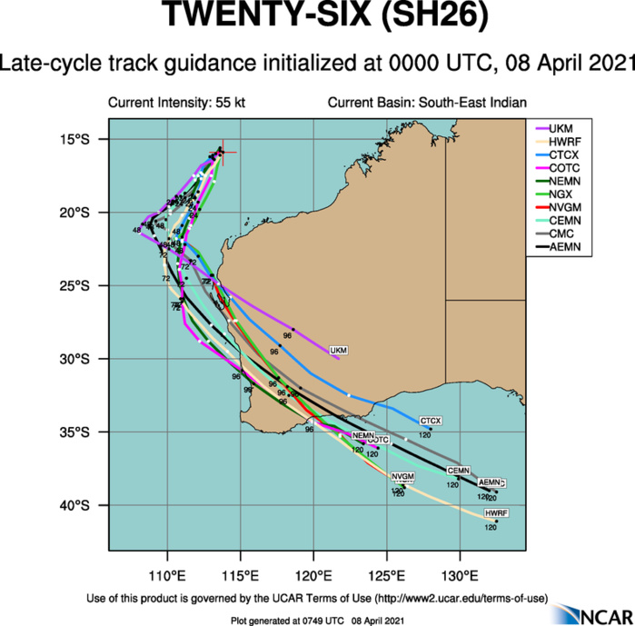 26S(SEROJA). NUMERICAL MODELS ARE IN FAIR AGREEMENT THROUGH 24H, WITH NVGM AND AFUM BEING THE EXTREME LEFT OUTLIERS. NEAR 36/48H, THE EXCESSIVE BINARY INTERACTION (EBI) WITH TC 27S, THE MODELS START SPREADING APART SIGNIFICANTLY AS THE VORTEX BECOMES EMBEDDED IN THE BAROCLINIC ZONE DURING EXTRA TROPICAL TRANSITION. OVERALL, THERE IS MODERATE CONFIDENCE IN THE JTWC TRACK FORECAST THAT IS LAID SLIGHTLY RIGHT OF THE MODEL CONSENSUS DURING THE MID-PORTION TO OFFSET THE EXTREME LEFT OUTLIERS NVGM AND AFUM. 26S(SEROJA). NUMERICAL MODELS ARE IN FAIR AGREEMENT THROUGH 24H, WITH NVGM AND AFUM BEING THE EXTREME LEFT OUTLIERS. NEAR 36/48H, THE EXCESSIVE BINARY INTERACTION (EBI) WITH TC 27S, THE MODELS START SPREADING APART SIGNIFICANTLY AS THE VORTEX BECOMES EMBEDDED IN THE BAROCLINIC ZONE DURING EXTRA TROPICAL TRANSITION. OVERALL, THERE IS MODERATE CONFIDENCE IN THE JTWC TRACK FORECAST THAT IS LAID SLIGHTLY RIGHT OF THE MODEL CONSENSUS DURING THE MID-PORTION TO OFFSET THE EXTREME LEFT OUTLIERS NVGM AND AFUM.