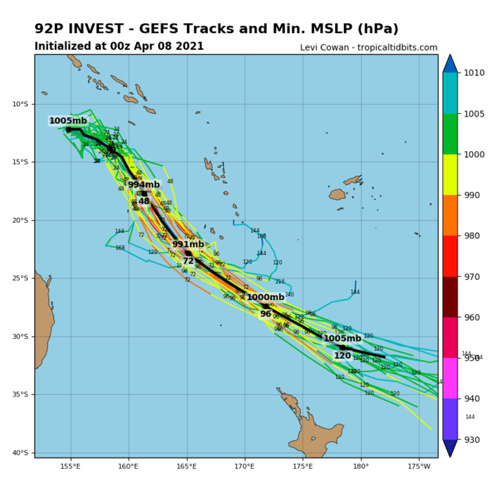 INVEST 92P. INVEST 92P IS IN A FAVORABLE ENVIRONMENT FOR TROPICAL DEVELOPMENT WITH WARM (29-30C) SEA SURFACE  TEMPERATURES, LOW (5-10KTS) VERTICAL WIND SHEAR (VWS), AND EXCELLENT  POLEWARD OUTFLOW. GLOBAL MODELS ARE IN GOOD AGREEMENT THAT INVEST  92P WILL CONSOLIDATE AS IT TRACKS TO THE SOUTHEAST, REMAINING  LARGELY ASYMMETRIC, POTENTIALLY REACHING WARNING THRESHOLD IN THE  NEXT SEVERAL DAYS.