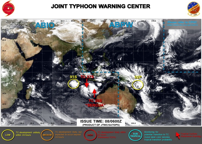 08/06UTC. JTWC IS ISSUING 6HOURLY WARNINGS ON TC 26S(SEROJA) AND ON TC 27S. 3HOURLY SATELLITE BULLETINS ARE ISSUED FOR BOTH SYSTEMS. 08/06UTC. JTWC IS ISSUING 6HOURLY WARNINGS ON TC 26S(SEROJA) AND ON TC 27S. 3HOURLY SATELLITE BULLETINS ARE ISSUED FOR BOTH SYSTEMS.