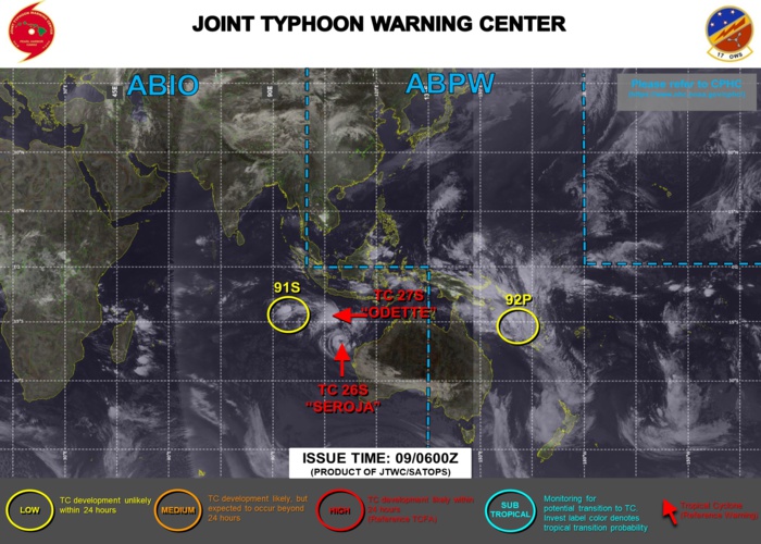 09/09UTC. JTWC IS ISSUING 6HOURLY WARNINGS ON 26S(SEROJA) AND 27S( ODETTE). 3HOURLY SATELLITE BULLETINS ARE ISSUED FOR THE FOUR SYSTEMS. 09/09UTC. JTWC IS ISSUING 6HOURLY WARNINGS ON 26S(SEROJA) AND 27S( ODETTE). 3HOURLY SATELLITE BULLETINS ARE ISSUED FOR THE FOUR SYSTEMS.