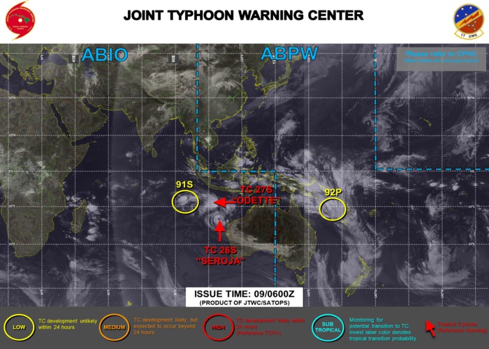 09/09UTC. JTWC IS ISSUING 6HOURLY WARNINGS ON 26S(SEROJA) AND 27S( ODETTE). 3HOURLY SATELLITE BULLETINS ARE ISSUED FOR THE FOUR SYSTEMS.